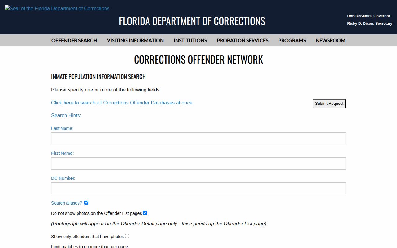 Madison Correctional Institution FDC release search fields