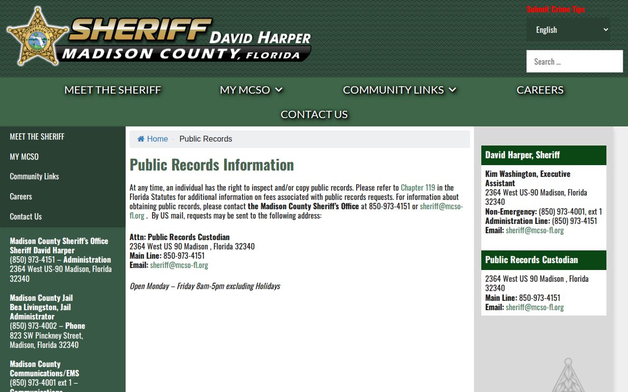 Madison County Sheriff public records request page for a release mugshot