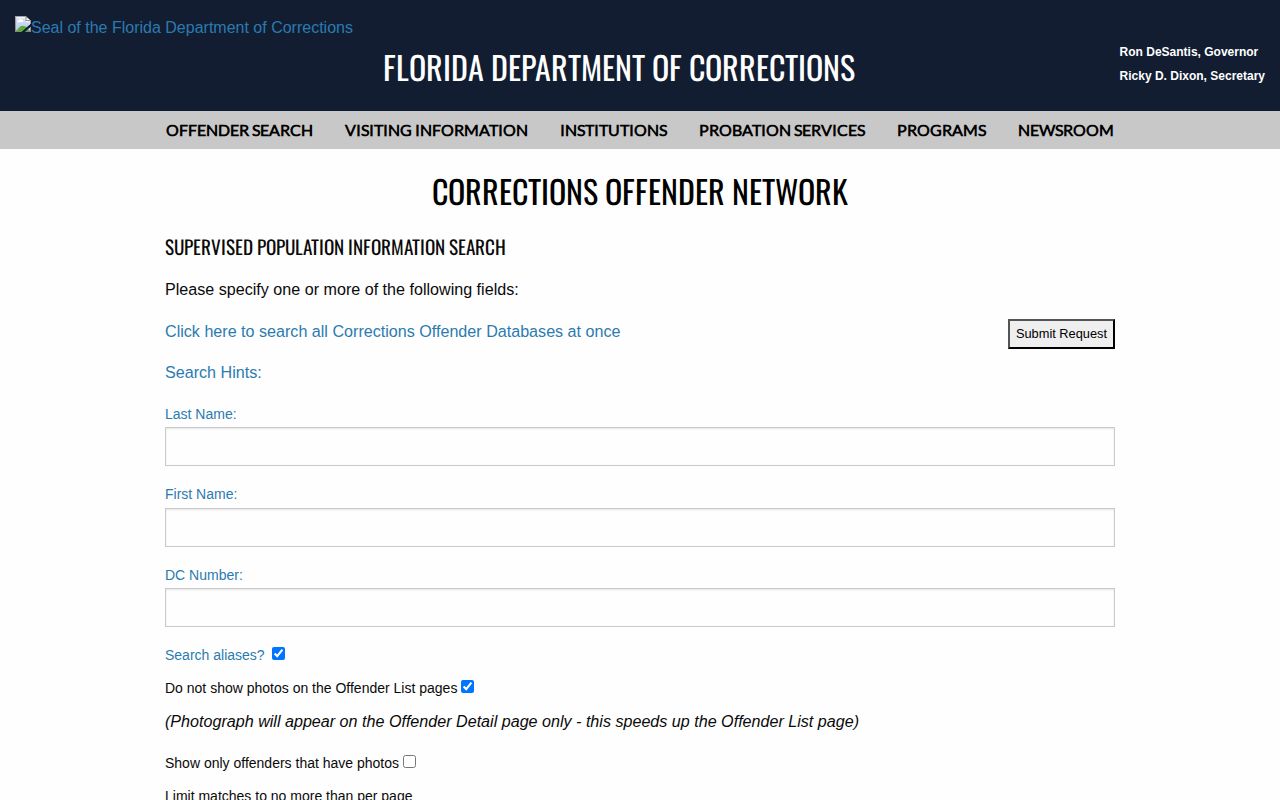 Madison County parole and probation supervised-population search fields