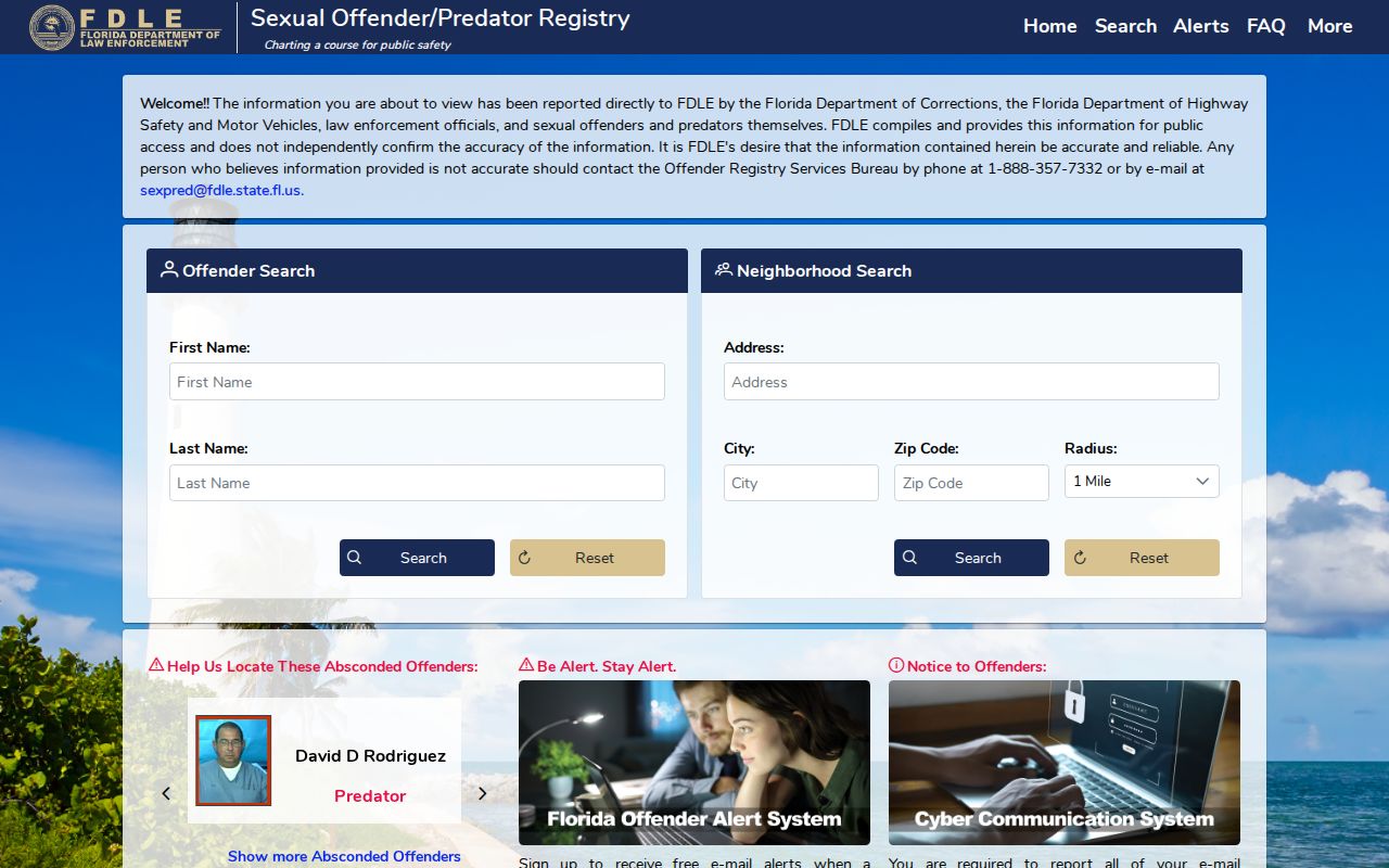 FDLE registry search for a covered Madison County released person photograph