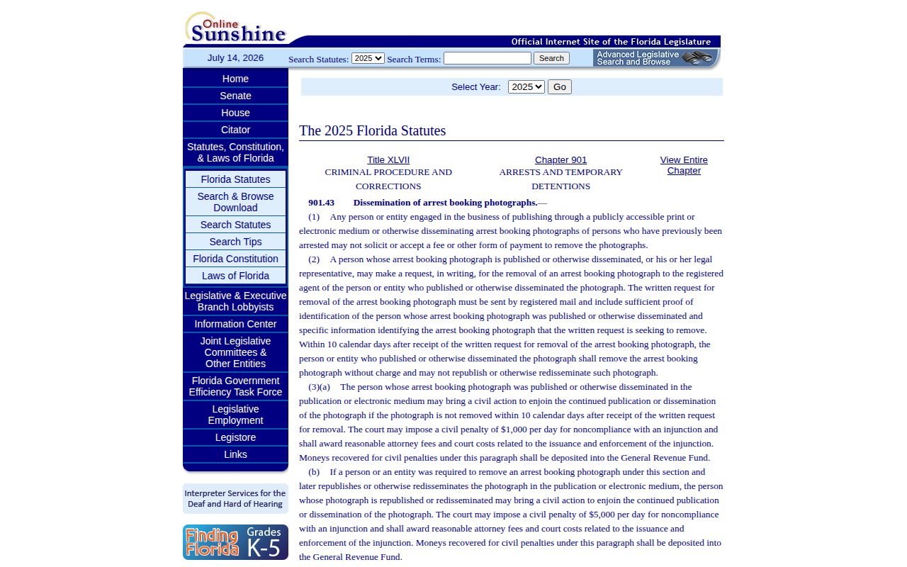 Florida release mugshot removal law applicable to covered publishers