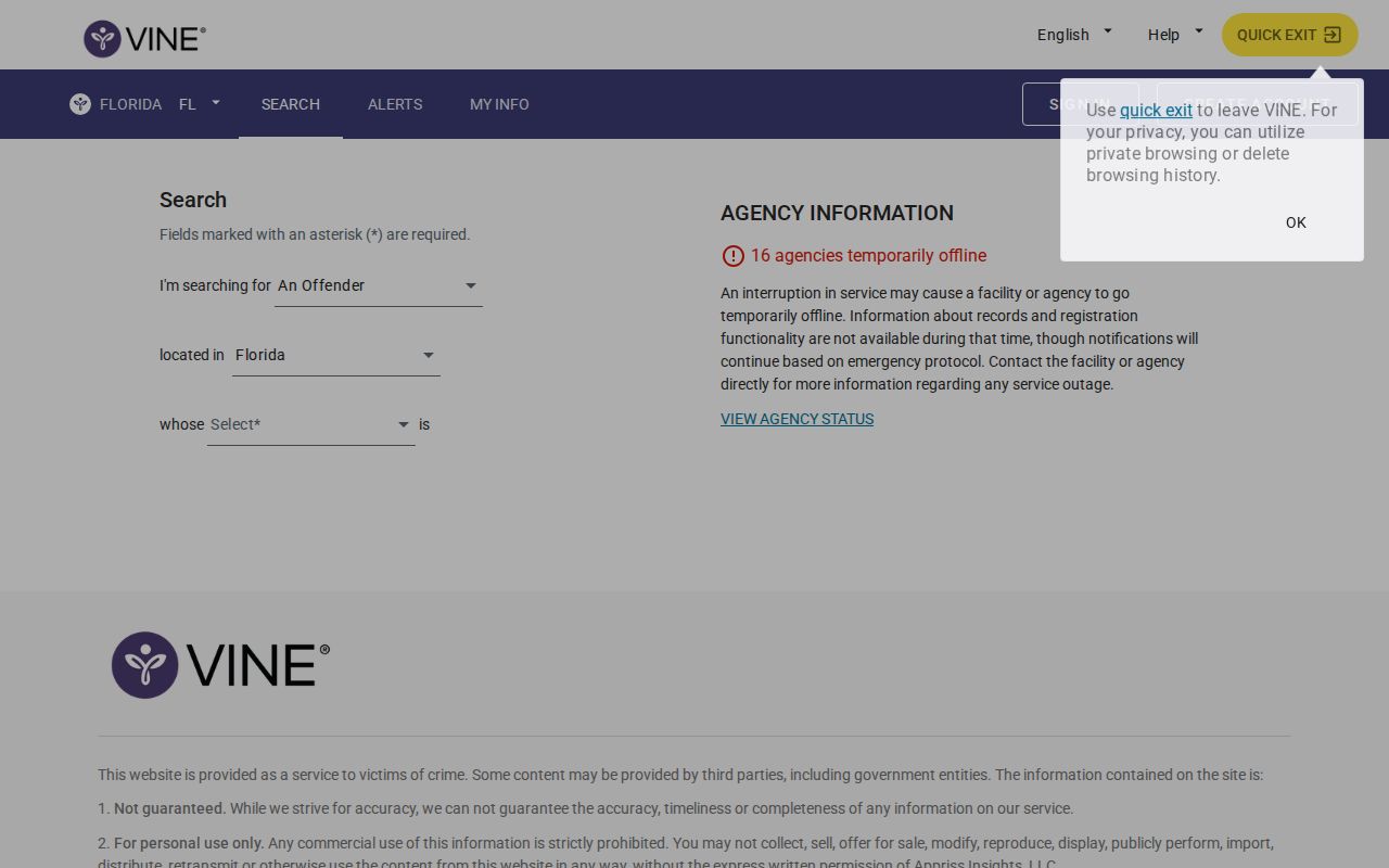 Madison County VINELink inmate search and Florida release notification screen